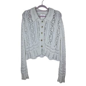 Robin Ivory Crochet Open Knit Long Sleeve Button Up Boho Sweater Size S